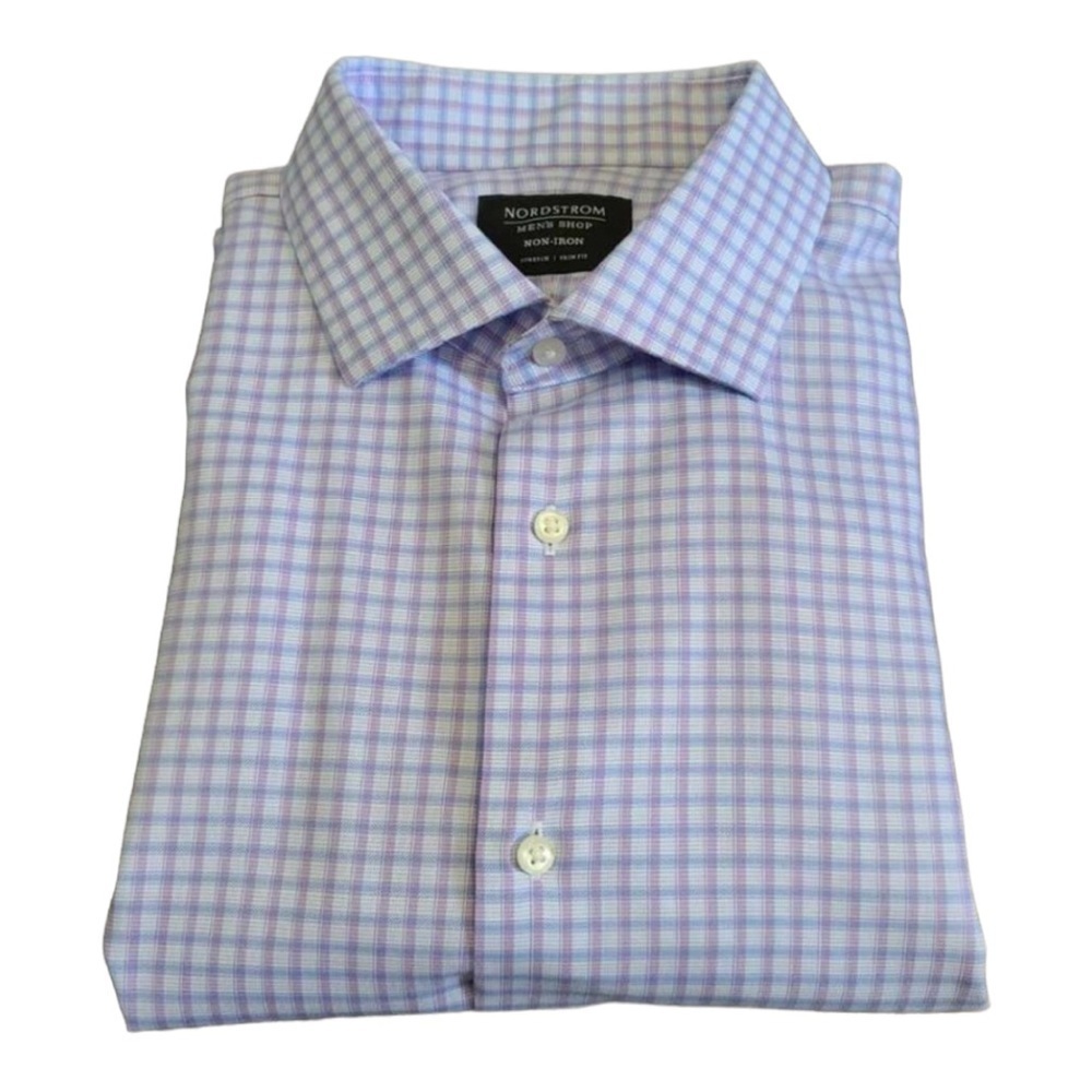 𝅺NORDSTROM Stretch Trim Fit Button Down Plaid Shirt Size 16 1/2 32-33